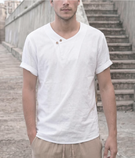 Mens Tee Shirt Linen Cotton Asymmetrical V-Neck