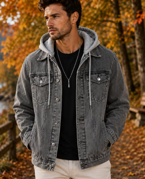 Mens Hooded Denim Jacket Casual Streetwear Coat