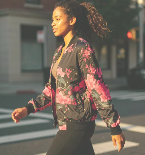 Cherry Blossom Bomber Jacket Women – Japanese Floral Print – Dark Streetwear